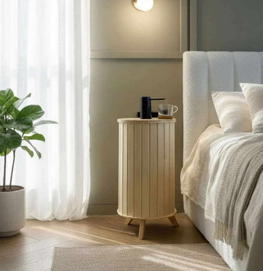 Mesa lateral nórdica para dispensador de água em madeira de pinho premium